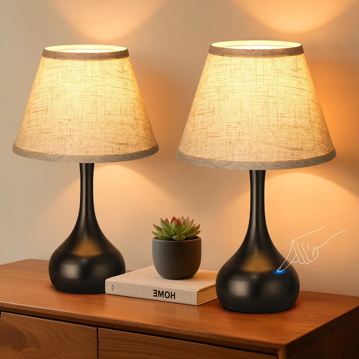 Two 17 inch farmhouse table lamps with black teardrop bases and beige linen shades
