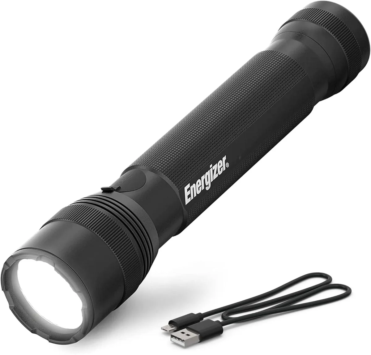 Energizer TacR-1000 rechargeable flashlight, aircraft-grade aluminium body, shatterproof lens, USB port visible