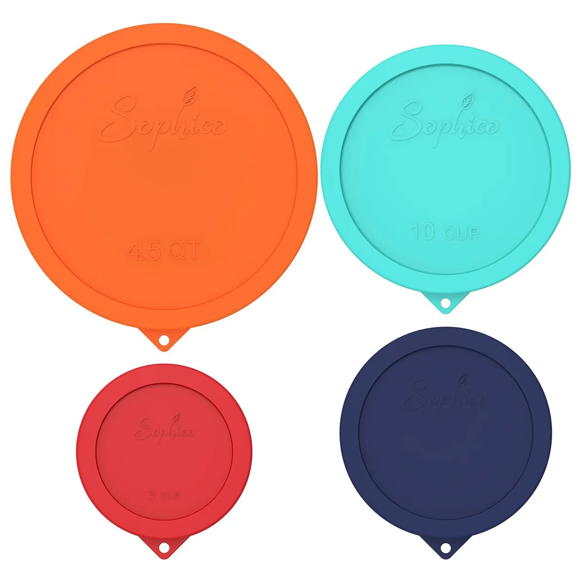Four round silicone lids in graduated sizes, smooth matte finish, each with a hanging hole