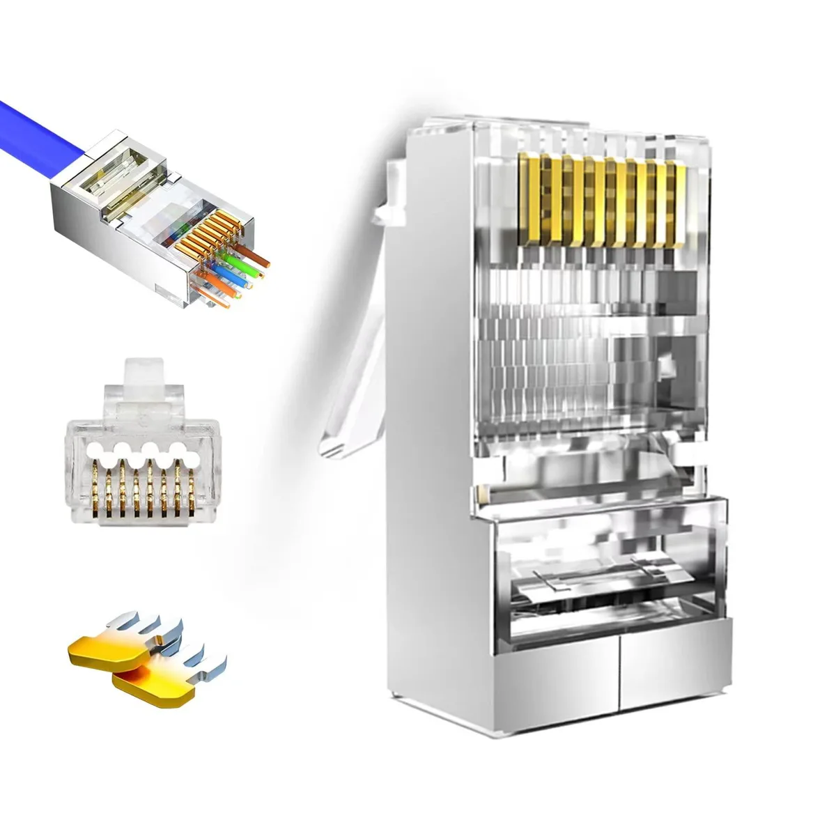 Twenty gold shielded pass-through RJ45 connectors on a tray