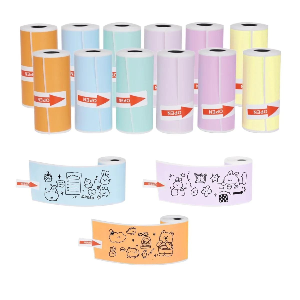 Twelve multicolor coated thermal sticker rolls 57x25mm