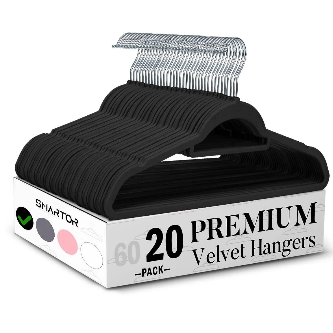 Pack of 20 black velvet hangers with swivel hooks and shoulder notches