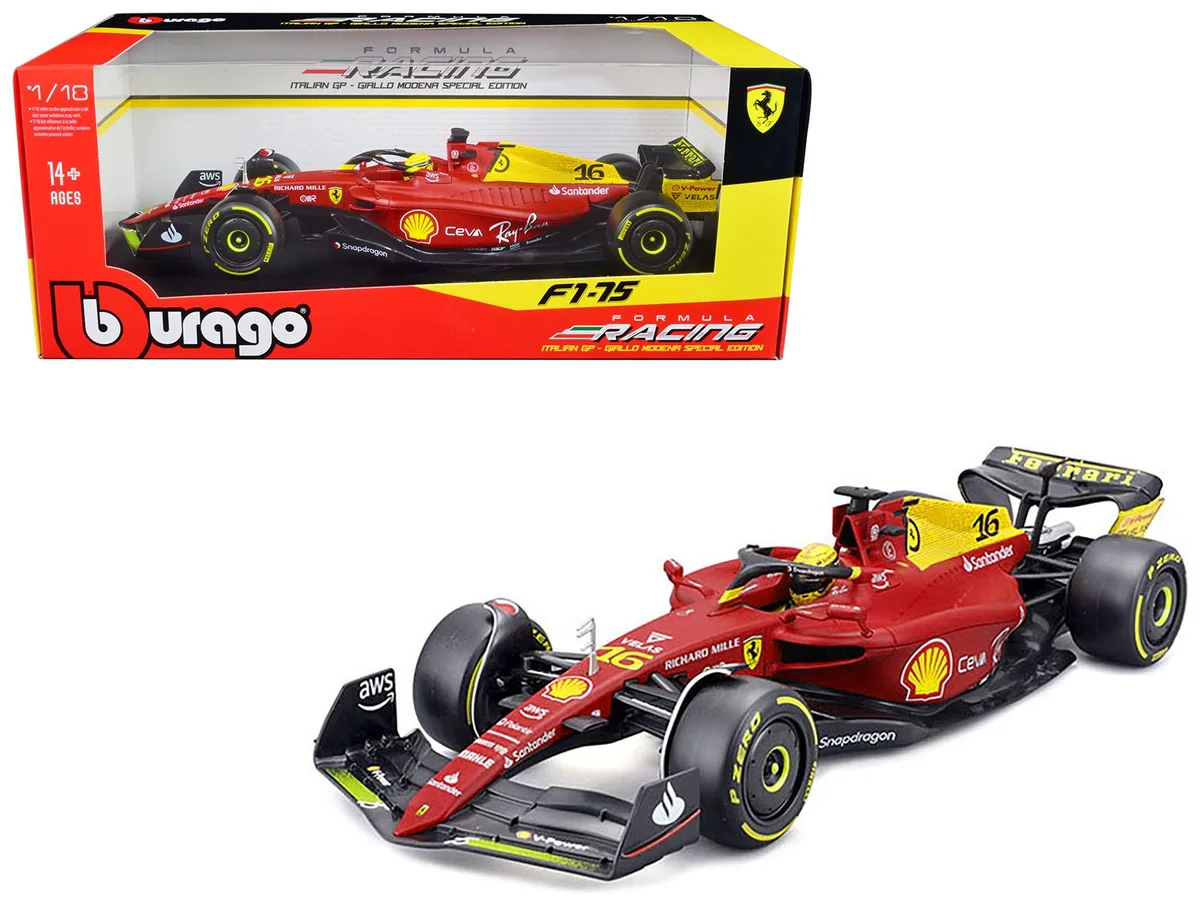 BBURAGO BBURAGO Ferrari F1-75 #16 Leclerc Giallo Modena 2nd Place Italian GP 2022 1/18 Diecast hobby collectible — product photo