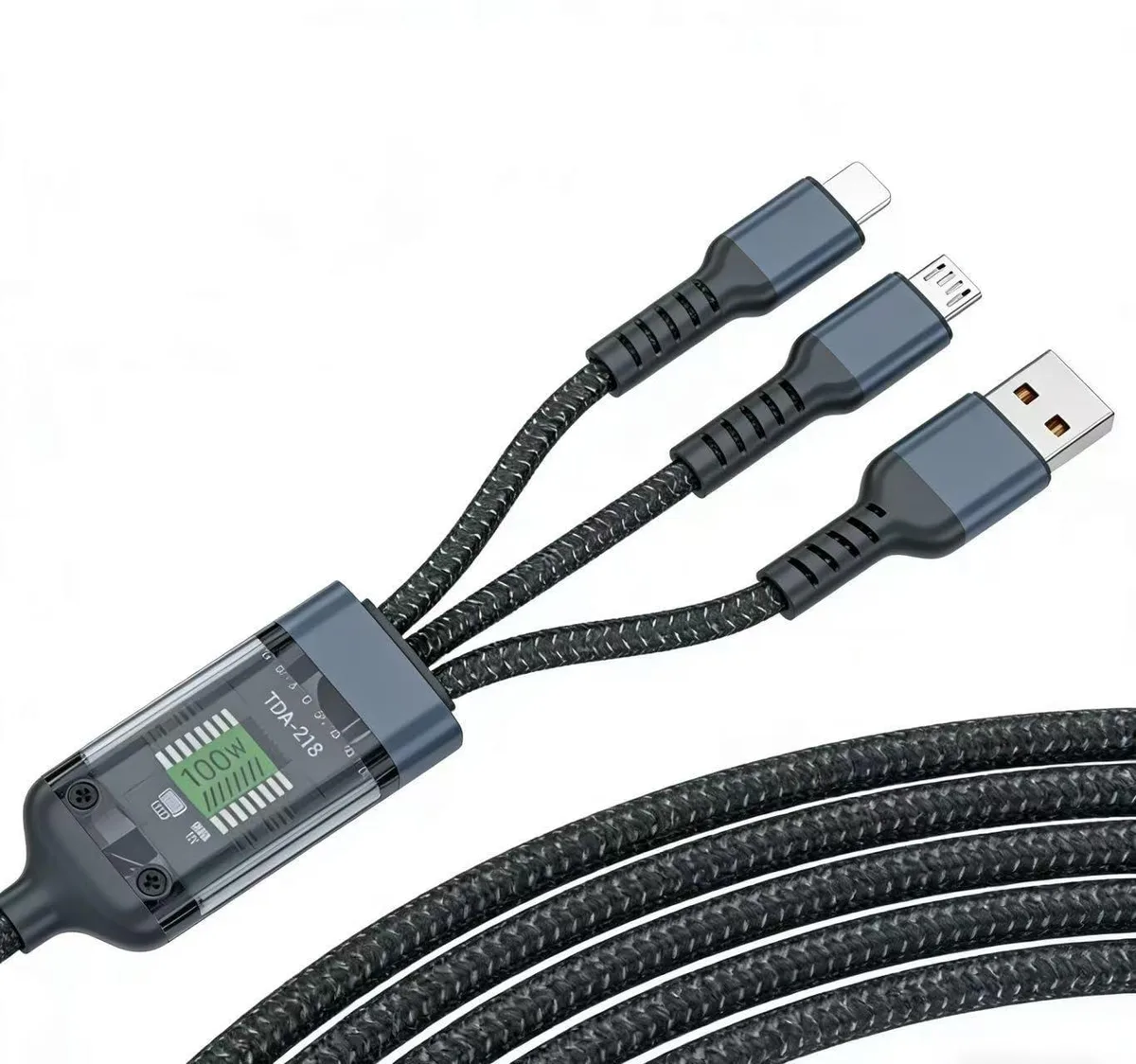 Braided 3-in-1 cable with Lightning USB-C Micro-USB tips and USB-A plug