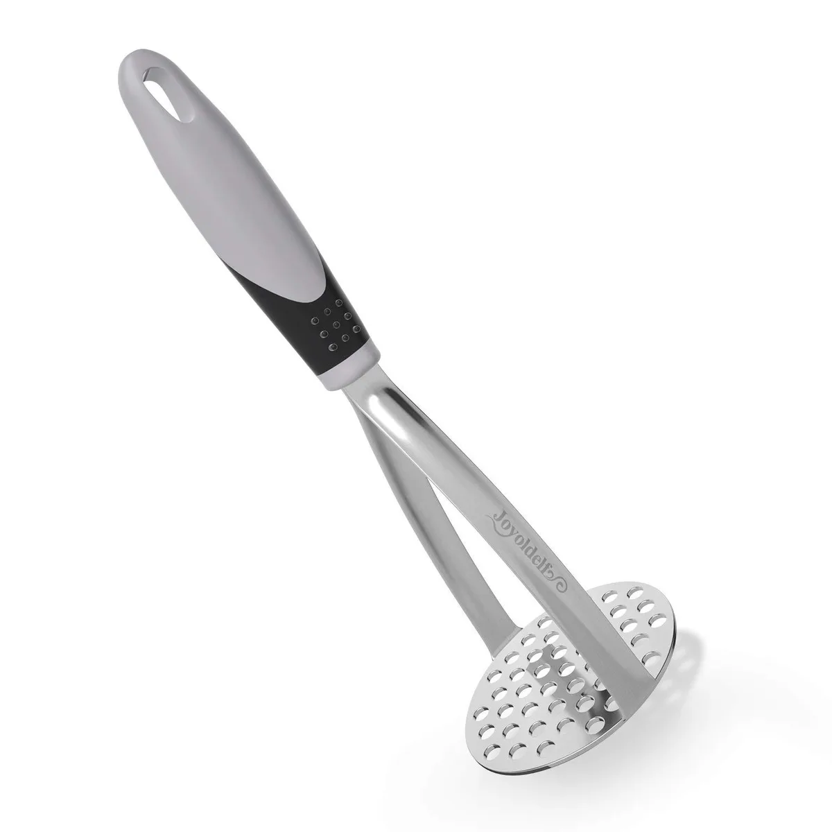 Stainless steel potato masher, black non-slip handle, 10.2 inches long