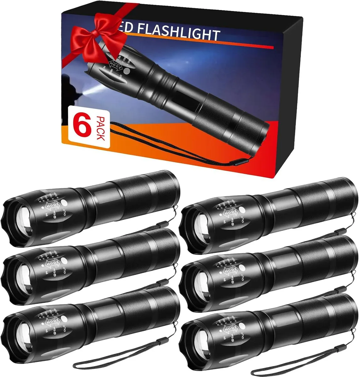 Six small silver aluminium torches in a colour box