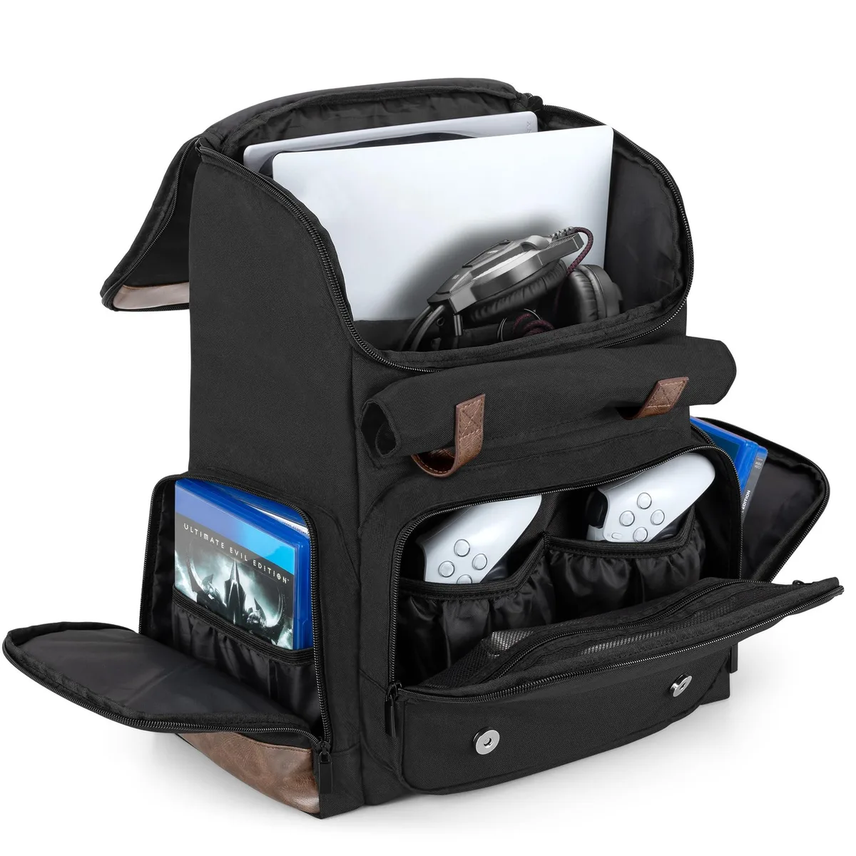 Black nylon gaming backpack with padded straps and front zip pocket