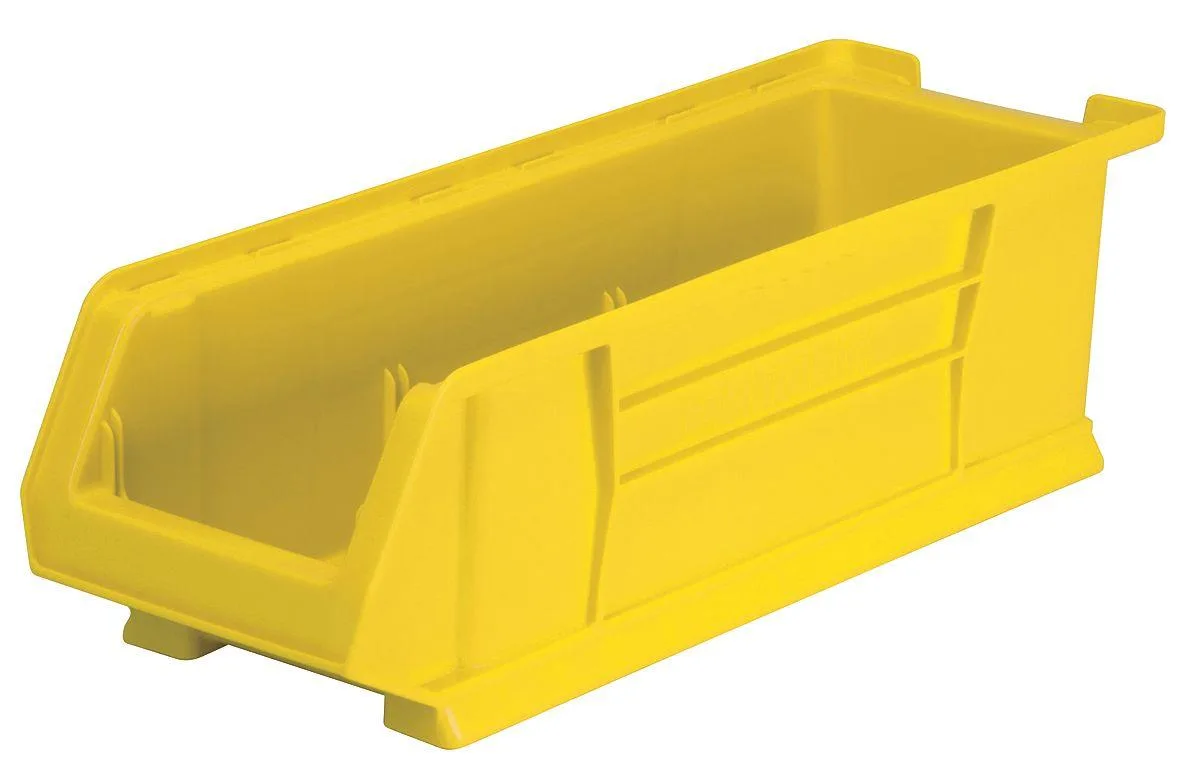 Yellow plastic storage bin, rectangular with open top, label holder and divider slots