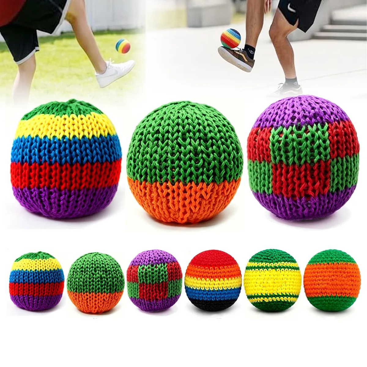 Three hand-knitted multicoloured footbags, soft crochet finish