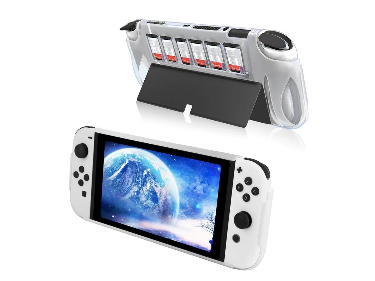 ABS hard-shell case for Nintendo Switch OLED with kickstand cut-out and six game-card slots