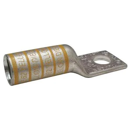 Copper compression lug, long barrel, yellow color code, 3/8 inch stud hole