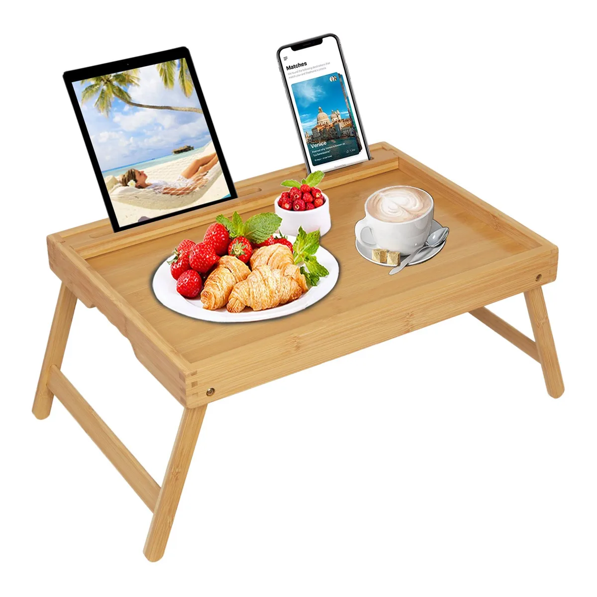 Black bamboo bed tray with foldable legs and media slot, 17.7 by 10.8 by 7.8 inches