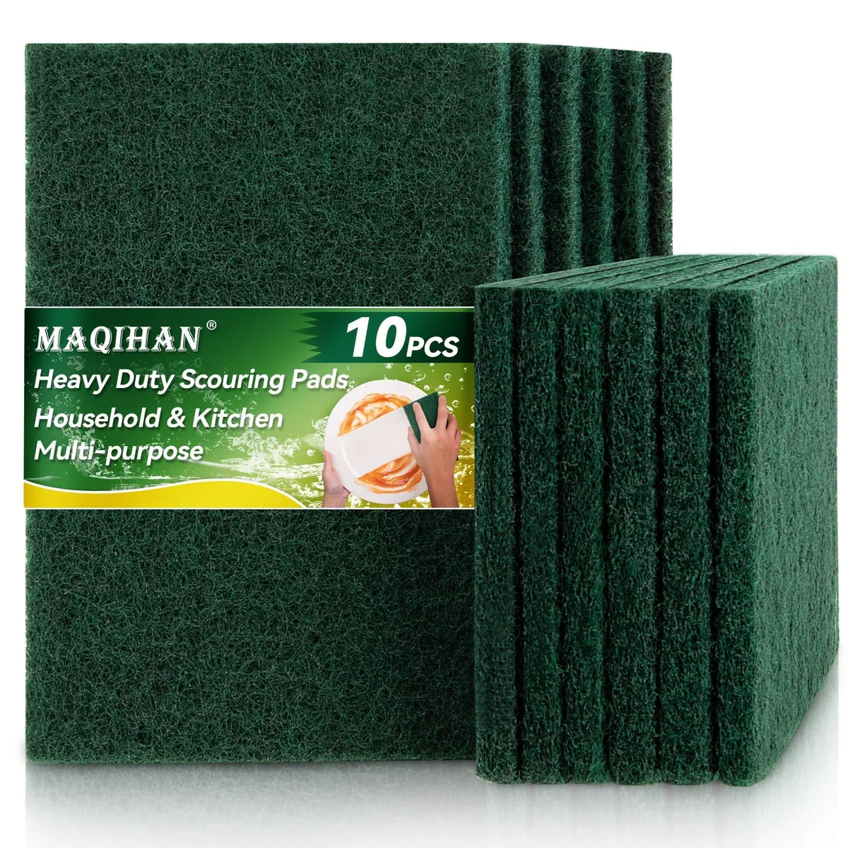 Ten rectangular heavy-duty scouring pads stacked, green abrasive surface, white backing