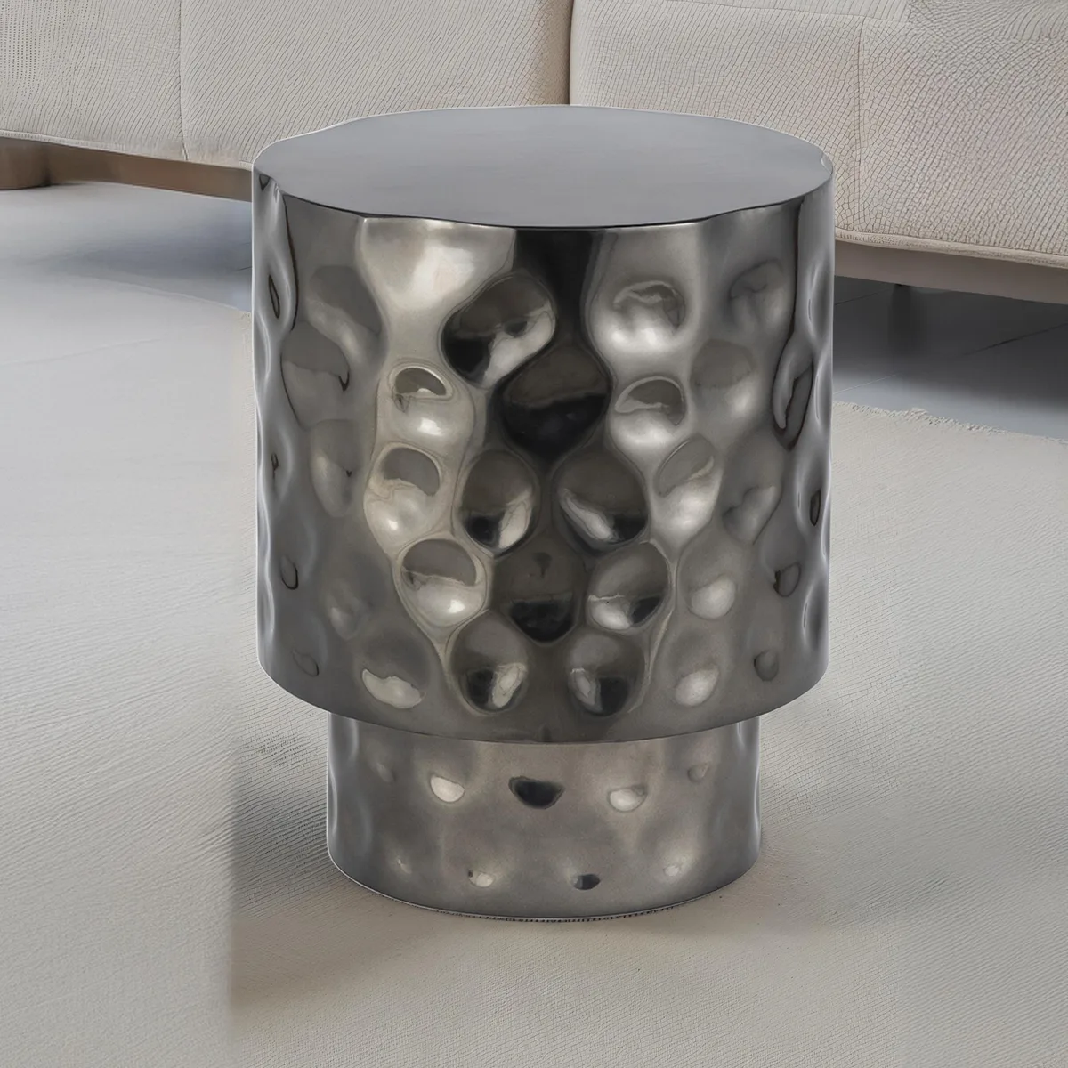 Nickel-finished steel end table with hand-hammered texture, modern style