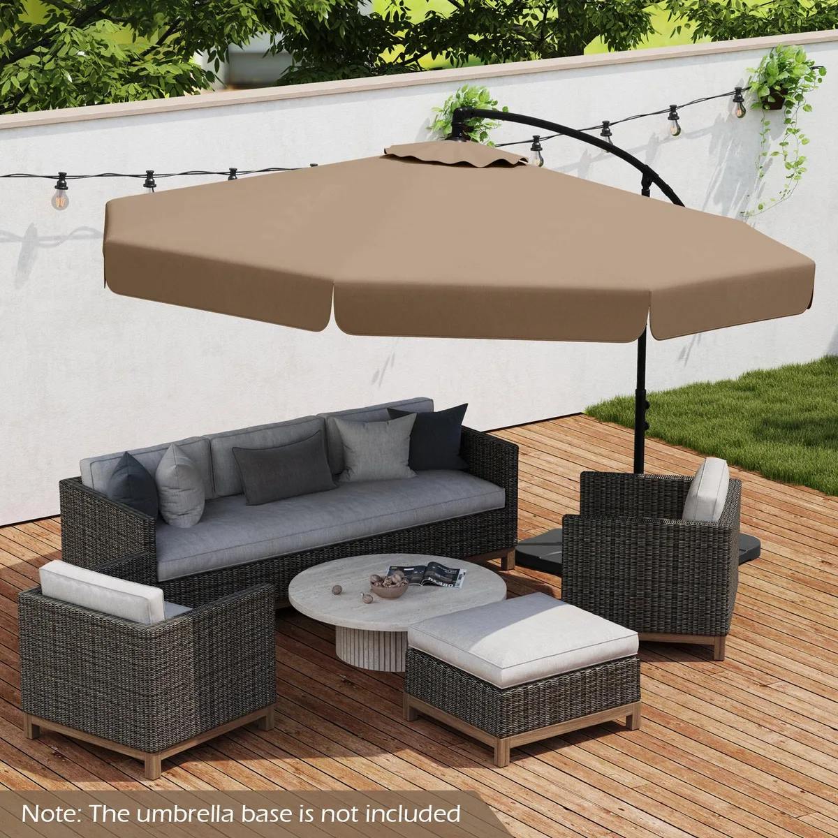 Taupe cantilever umbrella with ruffled canopy edge, crank handle and tilt joint