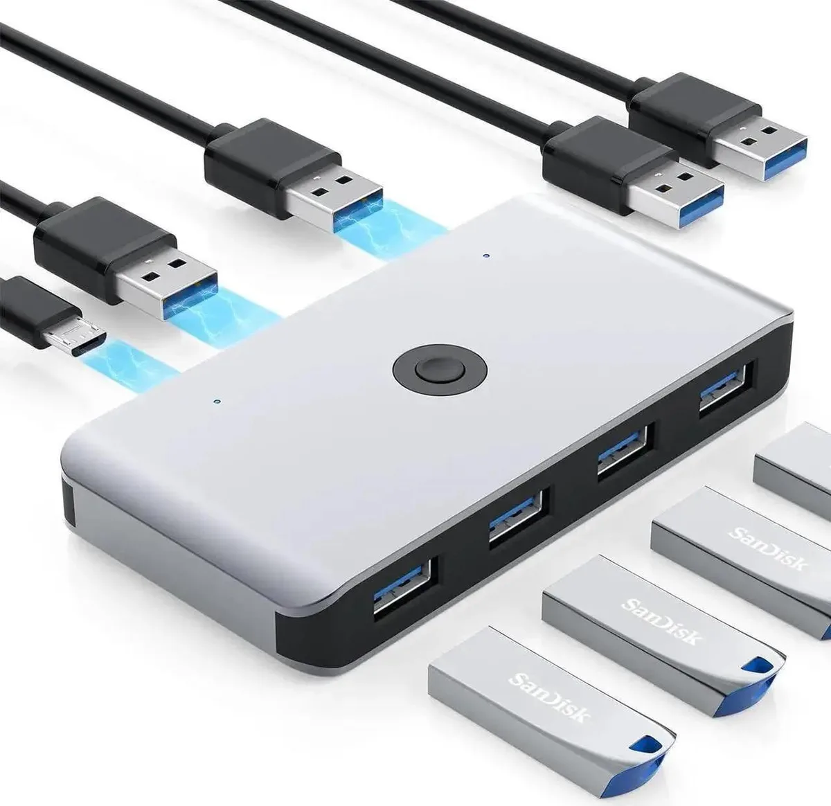 A small rectangular USB 3.0 KVM switch with four ports, a toggle button, LED indicator, power port, and two USB A-to-A cables