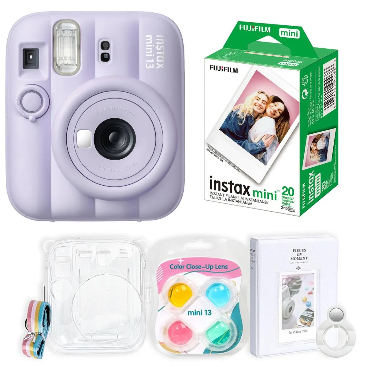 Purple Instax Mini 13 instant film camera with wrist strap