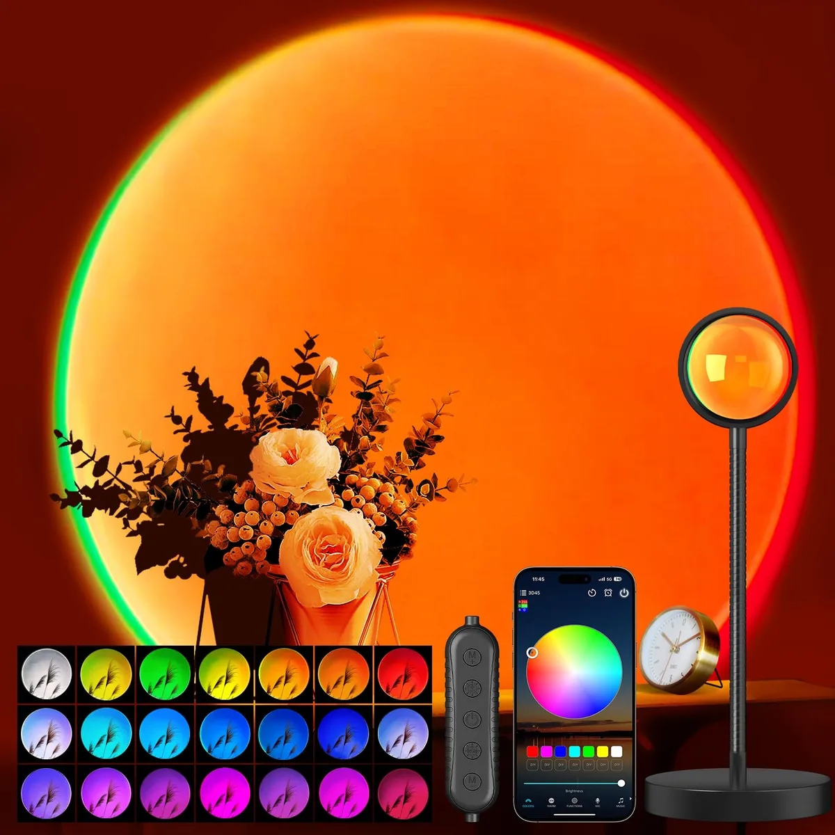 Compact sunset projector with flexible hose and app control