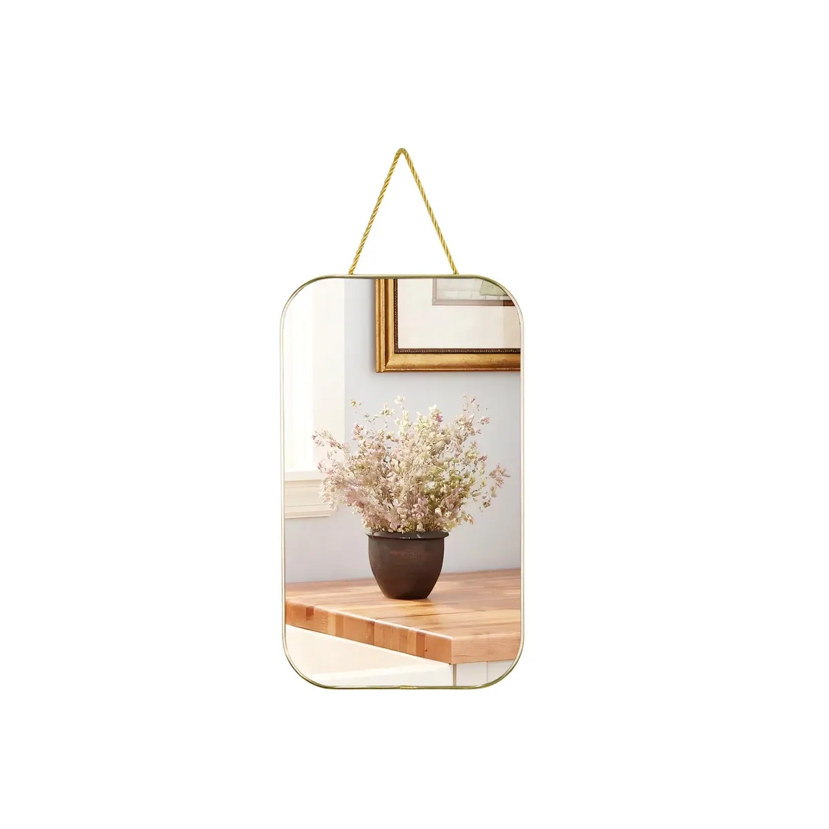Gold rectangular wall mirror with thin frame, 15.6 by 9.2 inches
