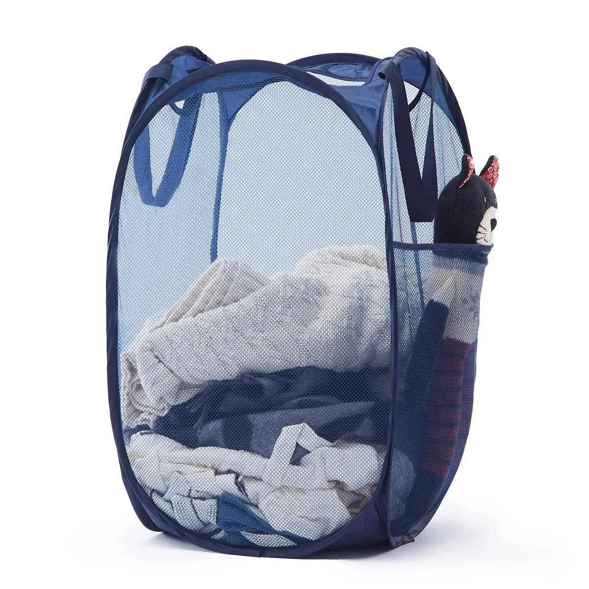  Collapsible Mesh Laundry Tub with Side Pocket Navy Blue 14x14x24 in — product photo