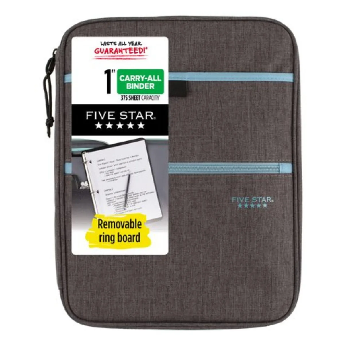 Grey zipper binder with removable ring board and multiple pockets, holds 375 sheets