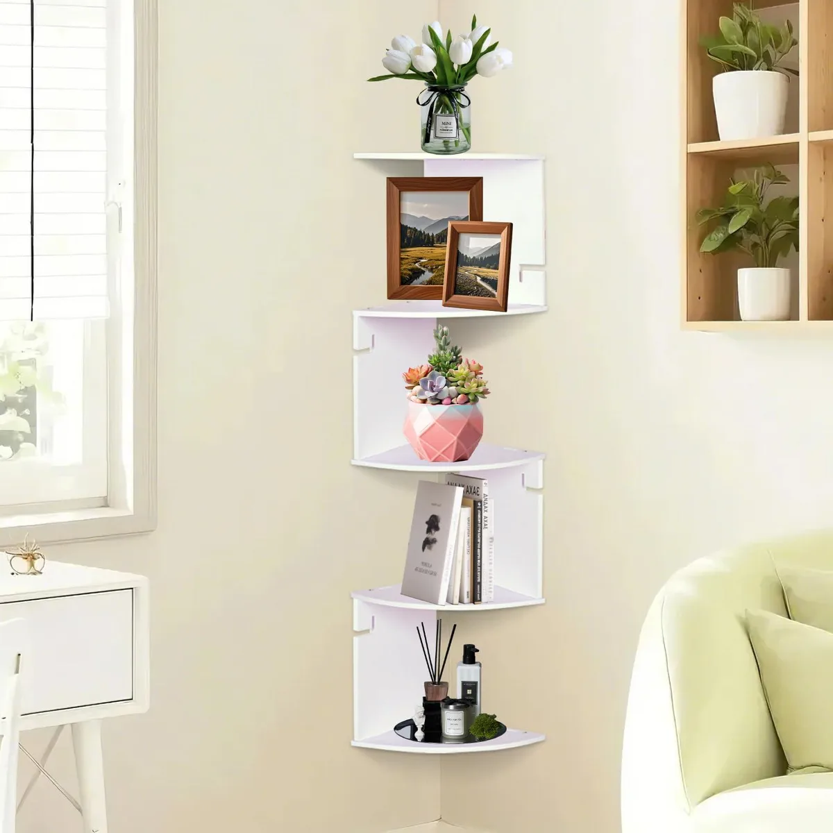 White five-tier corner shelf, 20 by 85 cm, PVC foam board