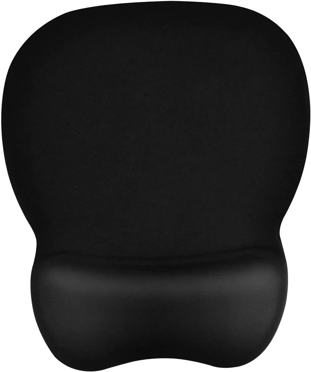 Black rectangular mouse pad with raised wrist rest, 9.6 by 8.3 inches