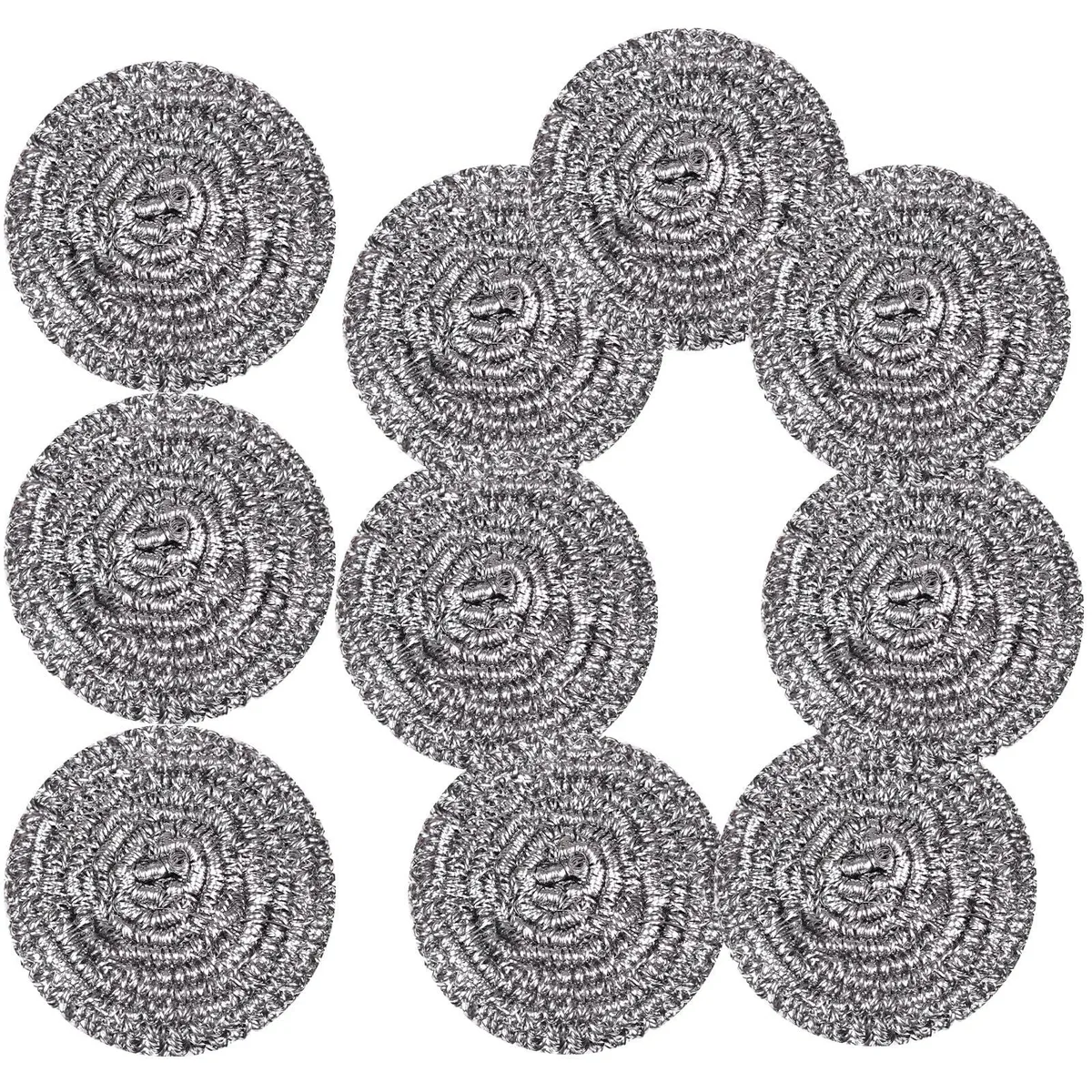 Ten stainless steel scrubbing pads, each a flexible 2.76-inch ball, individually wrapped