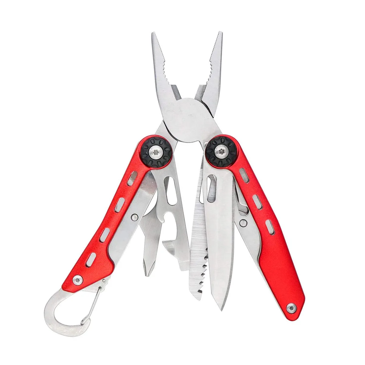 Red stainless steel multitool with pliers, knife and saw in nylon sheath, 4.1 by 1.5 by .9 inches