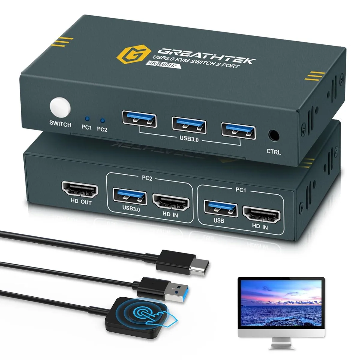GCROWN GCROWN USB 3.0 HDMI KVM Switch 2 Port 4K@60Hz 3 USB 3.0 Ports — product photo