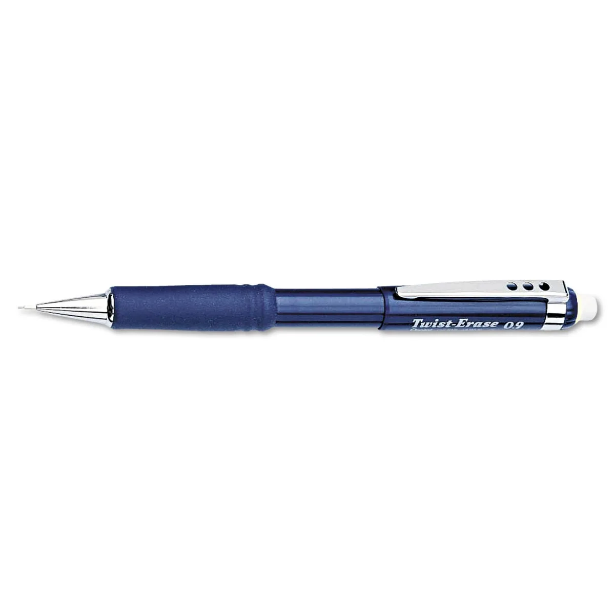 Blue barrel mechanical pencil with rubber grip and twist eraser