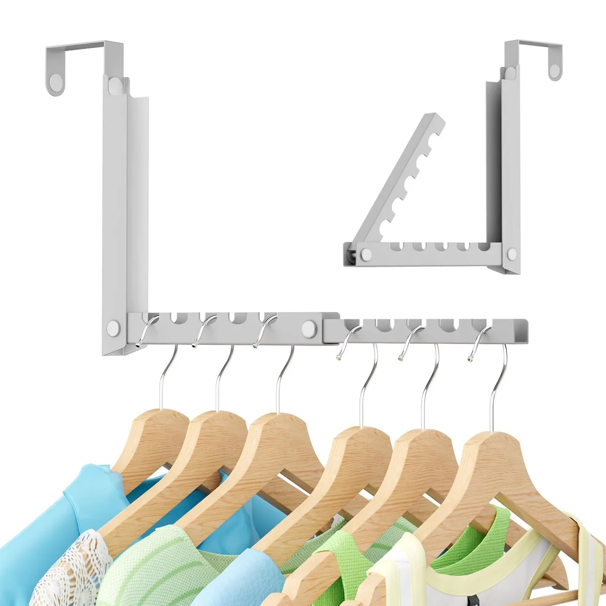 Foldable over-door drying rack with ten ridges, metal frame, foam pads, magnetic catch