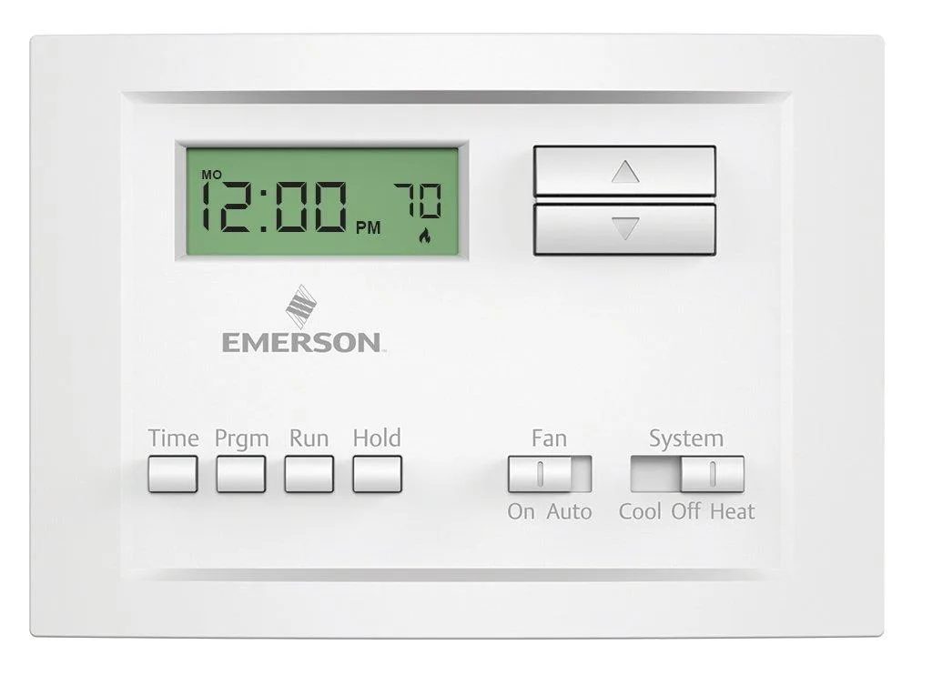 Twelve white rectangular wall thermostats with backlit displays