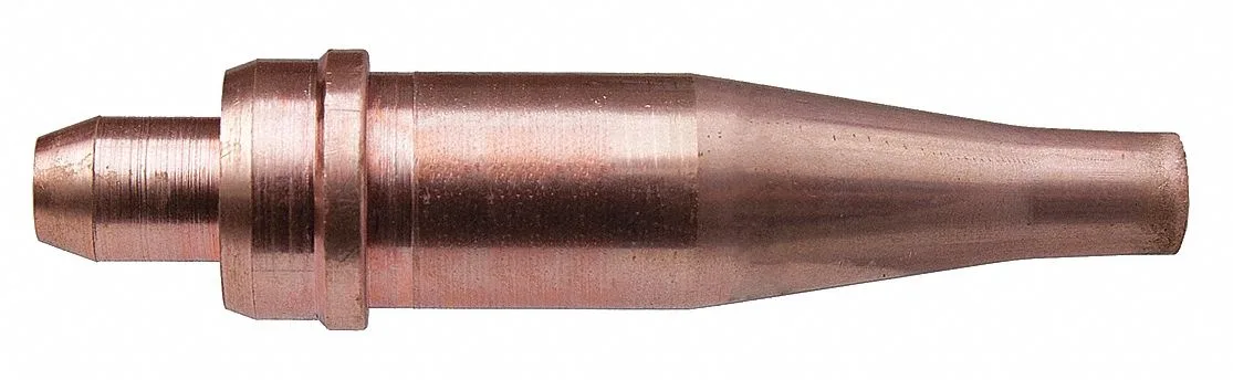 Small brass cutting tip with threaded base and single orifice for acetylene torches