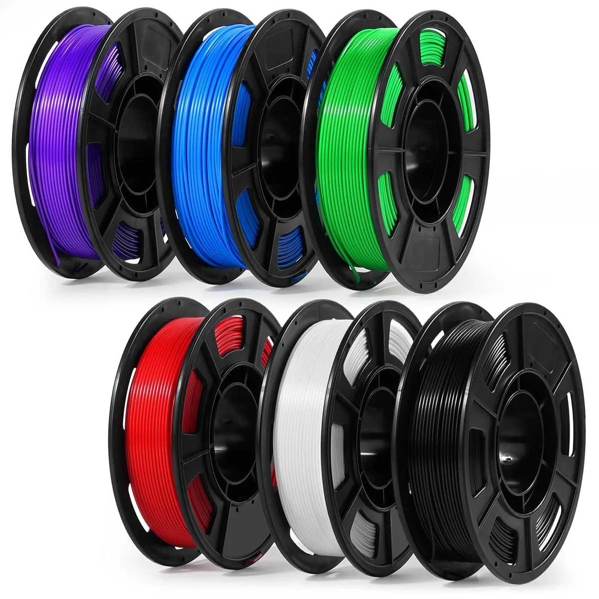 Six small spools of PLA filament in red blue white black green purple