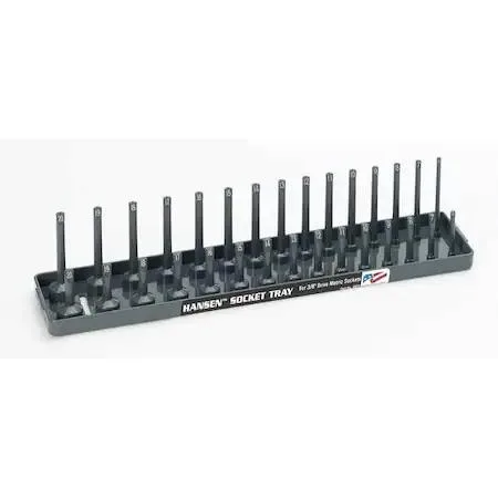 Gray plastic socket tray with marked posts for 3/8 inch drive metric sockets