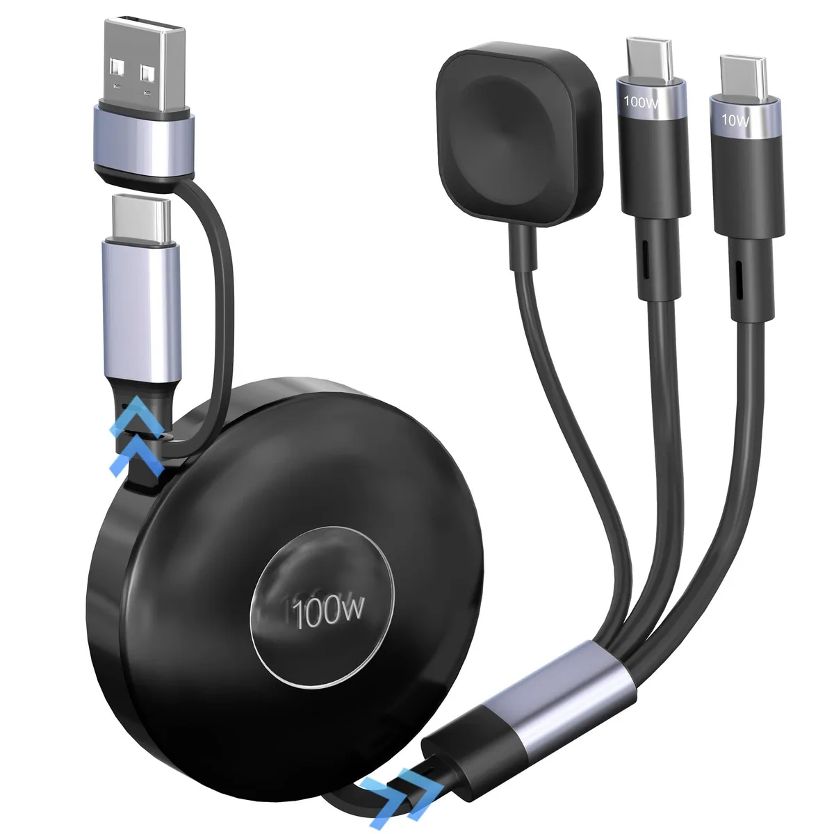 Black retractable USB-C cable with magnetic Apple Watch charger tip, 4.27 feet long