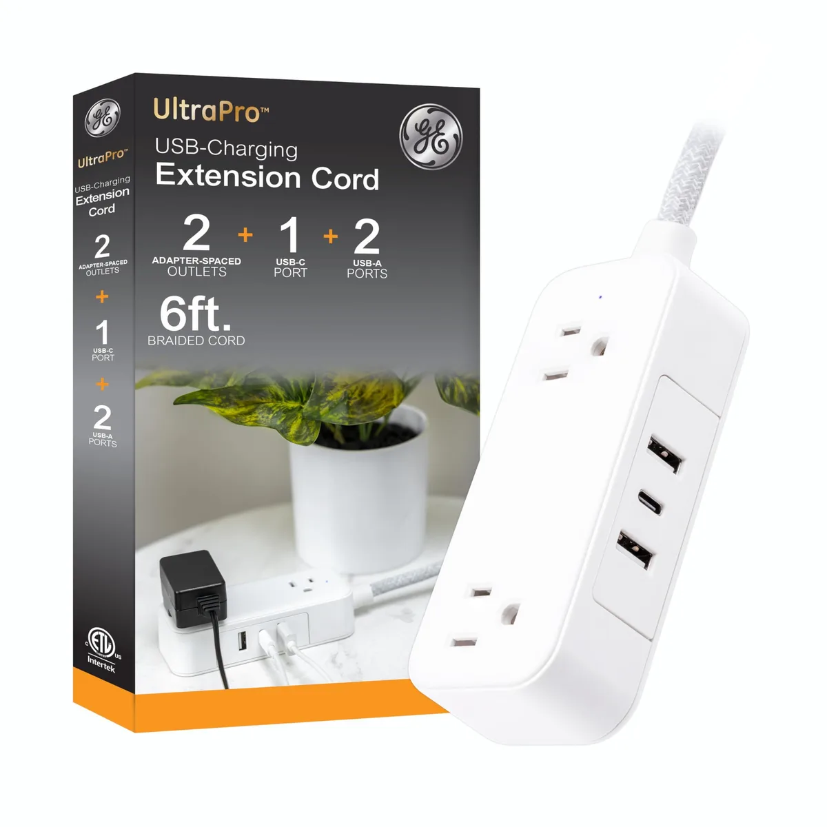 White travel power strip with flat plug, braided cord, two USB-A ports, one USB-C port and two adapter-spaced grounded outlets