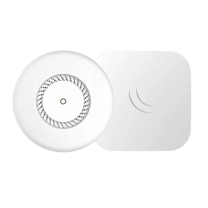 White circular ceiling-mounted wireless access point with smooth matte finish and recessed LED indicator