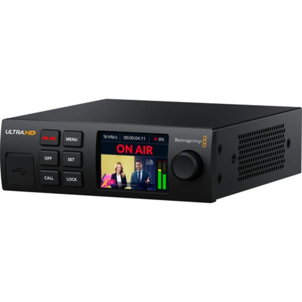 Compact black streaming encoder with 2.2 inch LCD screen and front panel controls