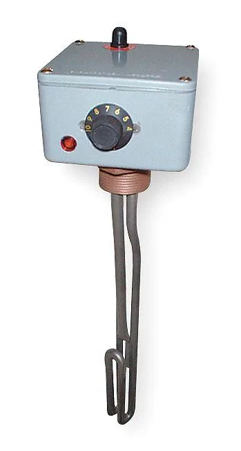 Silver cylindrical immersion heater about 19 inches long with mounted thermostat dial and NPT fittings