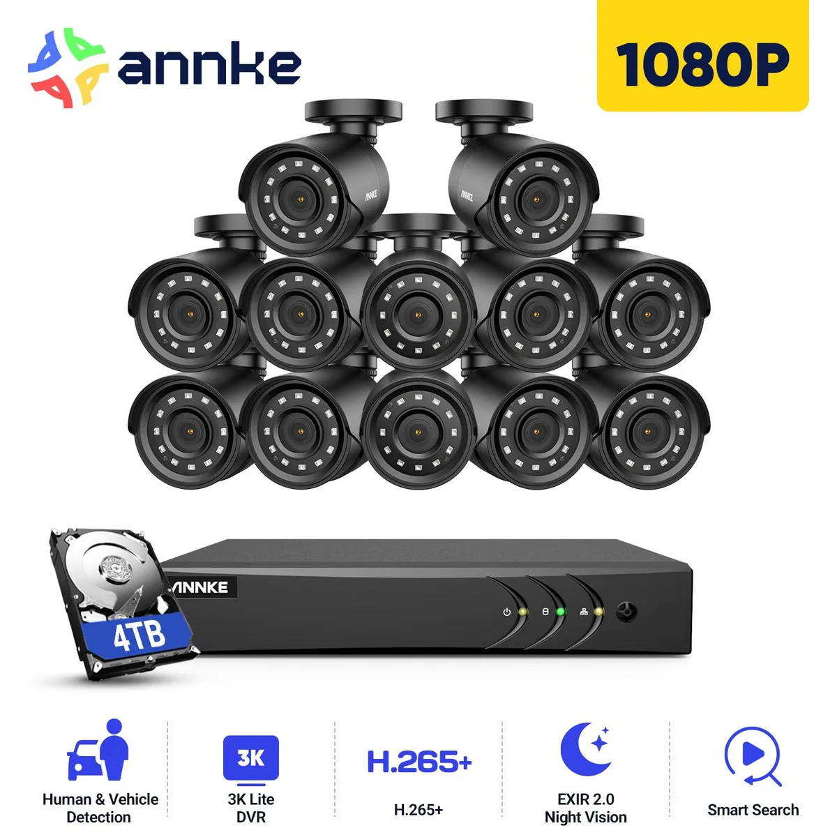 Annke Annke 16CH 3K Lite FHD AI Surveillance Security System with 4TB HDD and 12x 2MP Outdoor Weatherproof Cameras — product photo