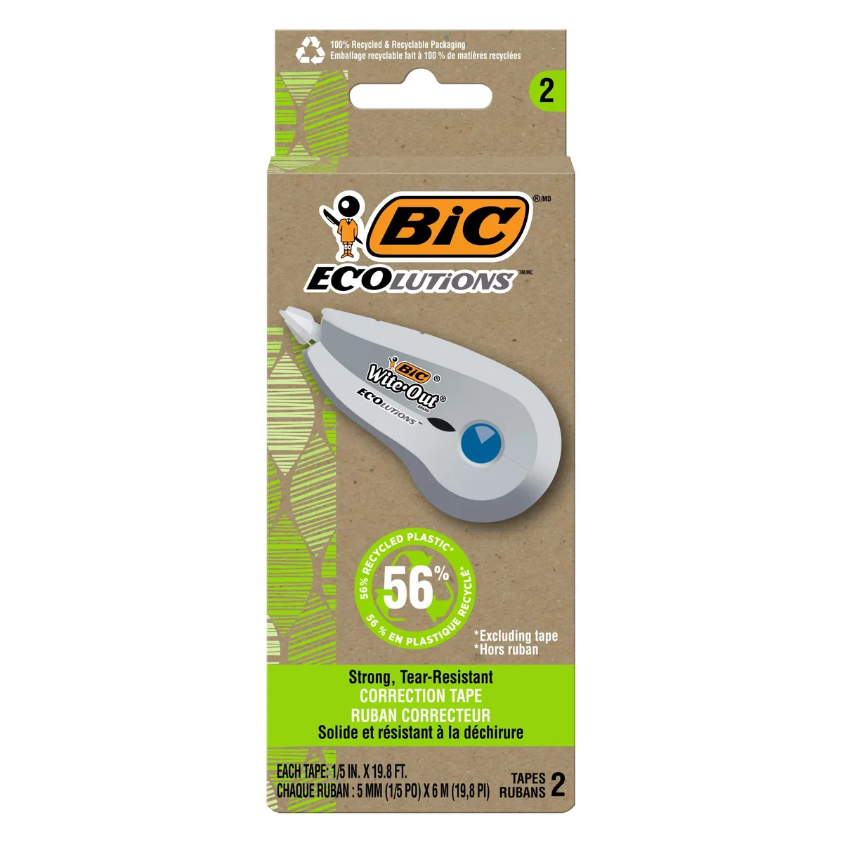 Two white correction tape dispensers in paperboard packaging