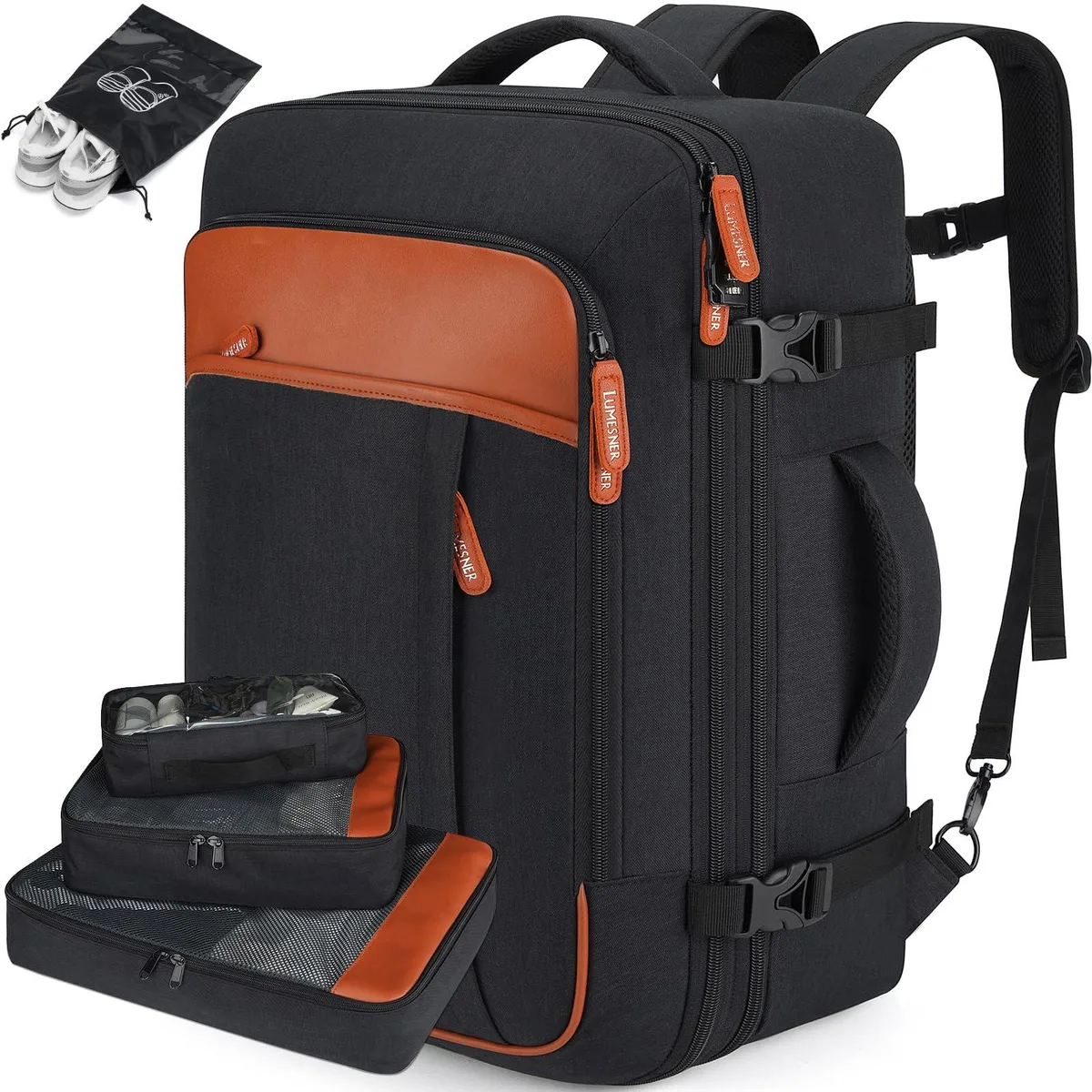 Black polyester expandable travel backpack with four packing cubes visible