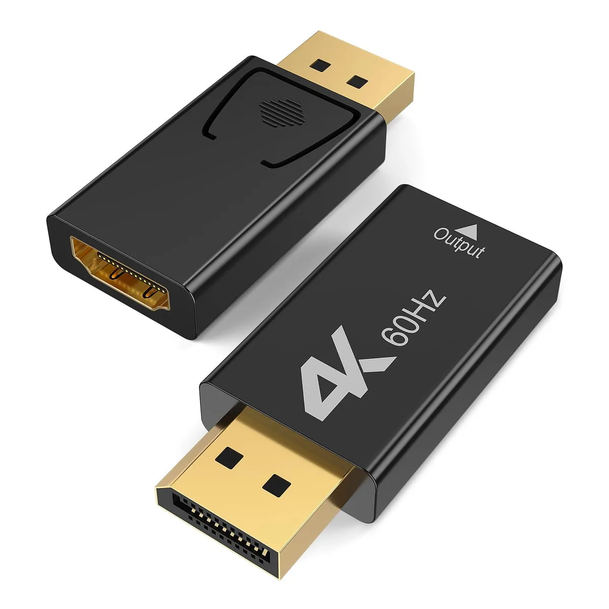 Two compact DisplayPort male to HDMI female adapters with gold-plated connectors