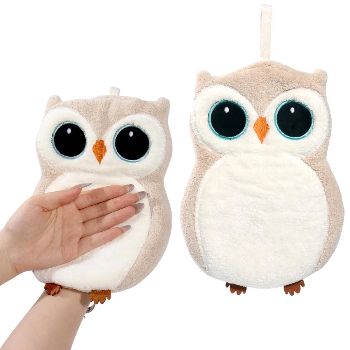 Two off-white coral fleece hand towels with owl pattern and hanging loops