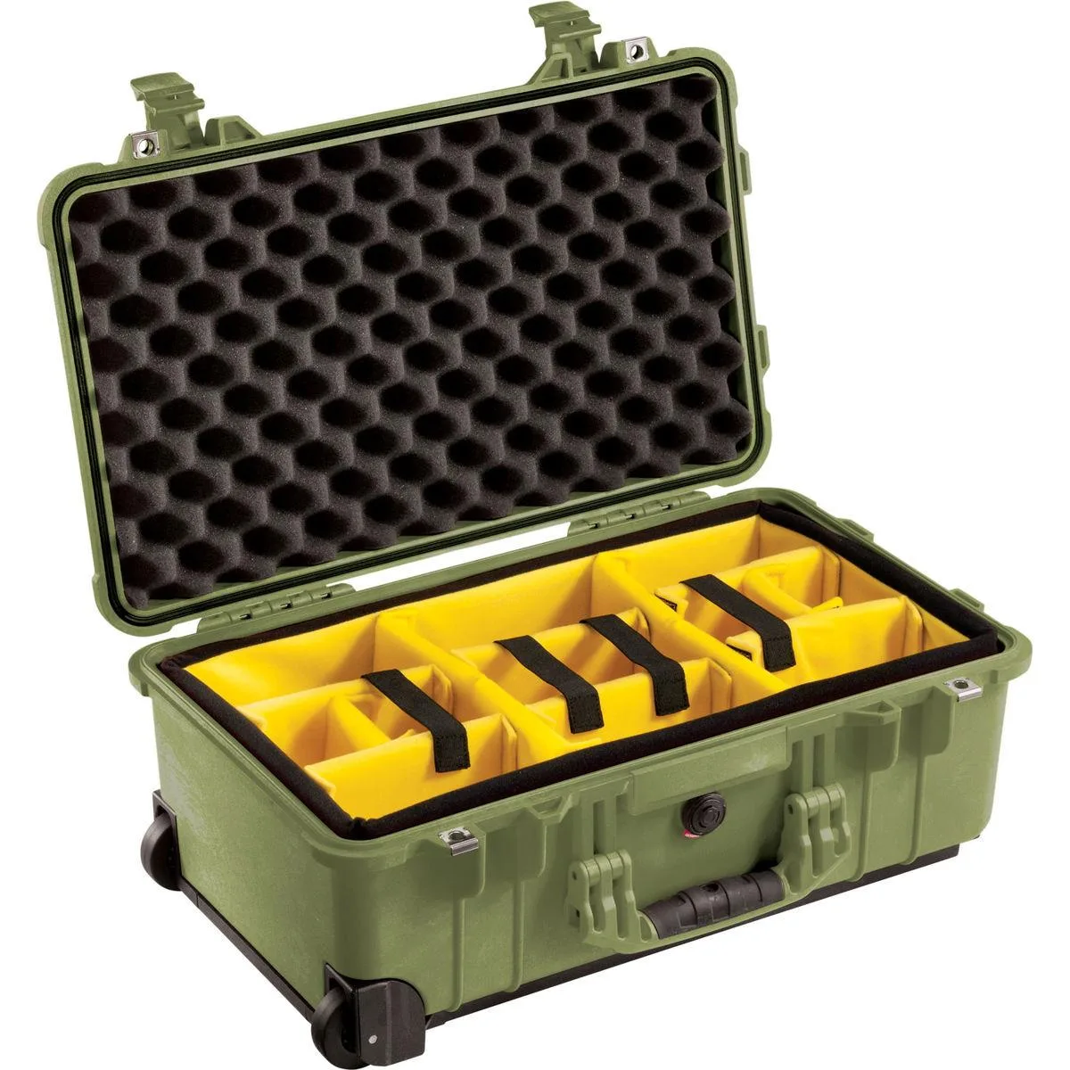 Pelican Products, Inc. Pelican 1510 Waterproof Carry-on Camera Case with Yellow/Black Dividers & Wheels - Green — product photo