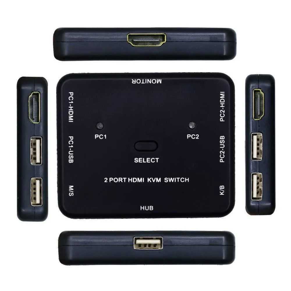 Small black box with two HDMI ports and USB connections on front, LED indicator lights, push button switch, compact rectangular shape