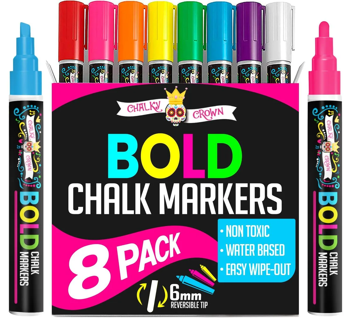 Eight multicoloured liquid chalk markers with reversible 6mm tips in a pack