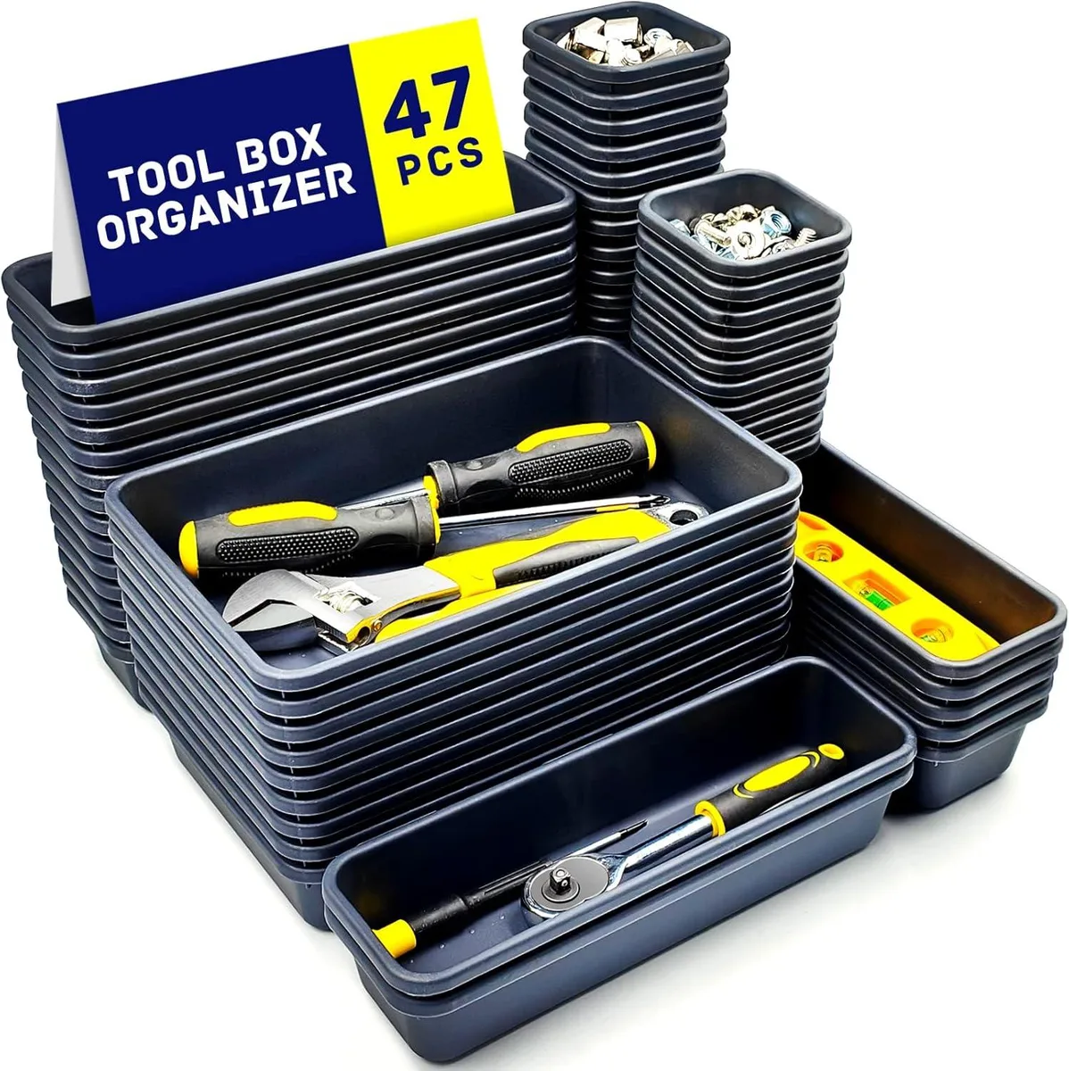 47 plastic tray dividers in three sizes, grey finish